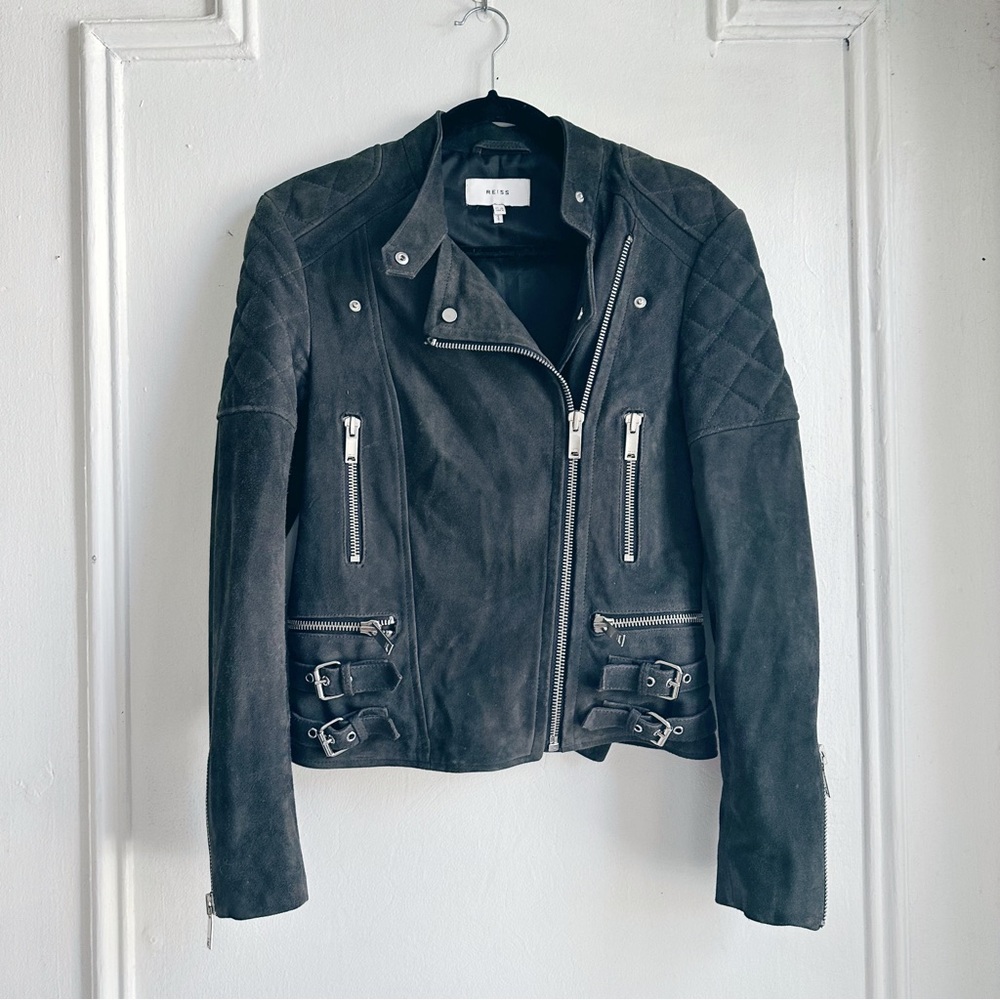 Reiss Charcoal Suede Biker Jacket 100% goat leather soft buckles moto size 4